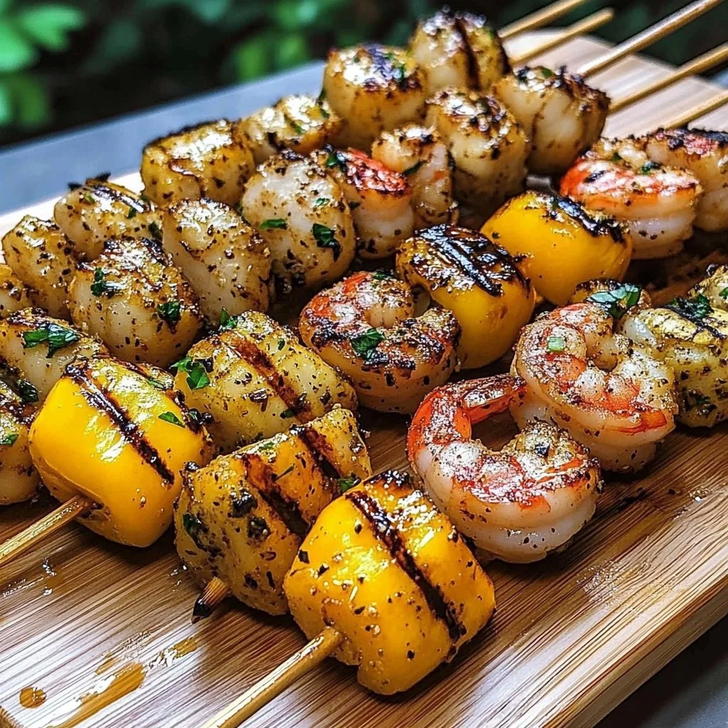 Grilled seafood boil skewers with shrimp and vegetables on a platter.