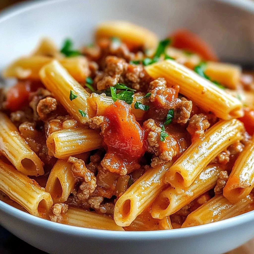 Plate of ground beef pasta garnished with herbs