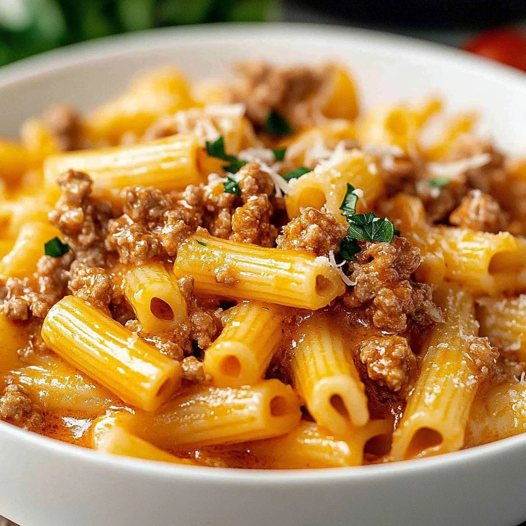 A plate of ground beef pasta garnished with herbs and cheese.