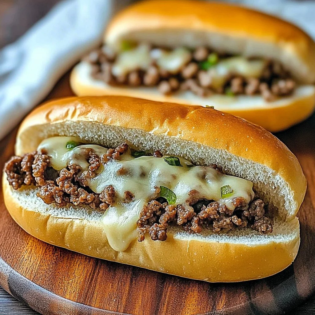 Mouth-watering Ground Beef Philly Cheesesteak sandwich on a plate