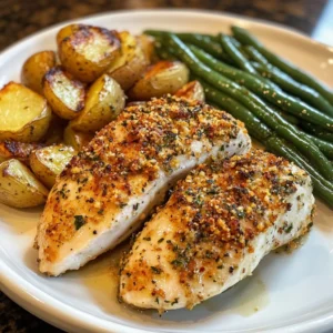 Plate of herb-crusted chicken with garlic potatoes and green beans for dinner