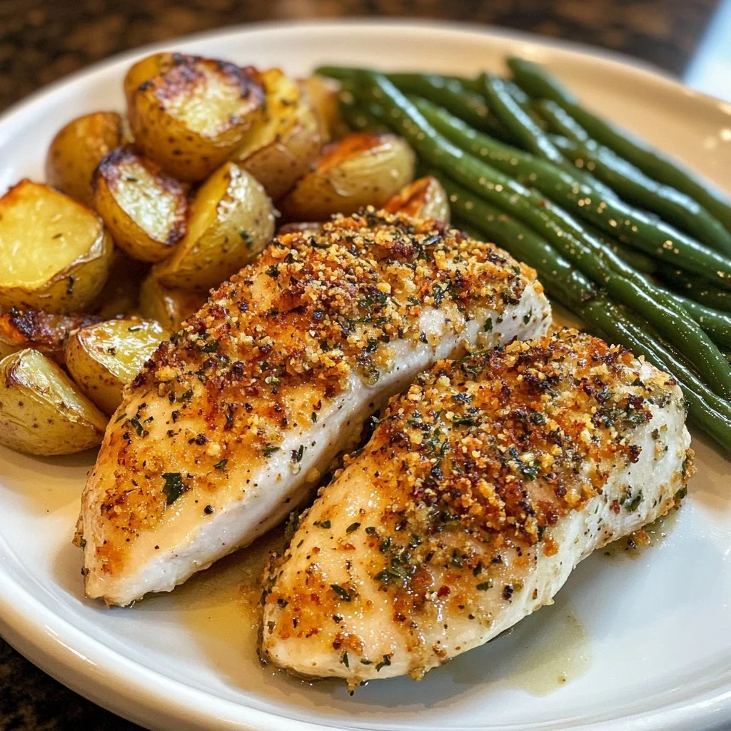Plate of herb-crusted chicken with garlic potatoes and green beans for dinner