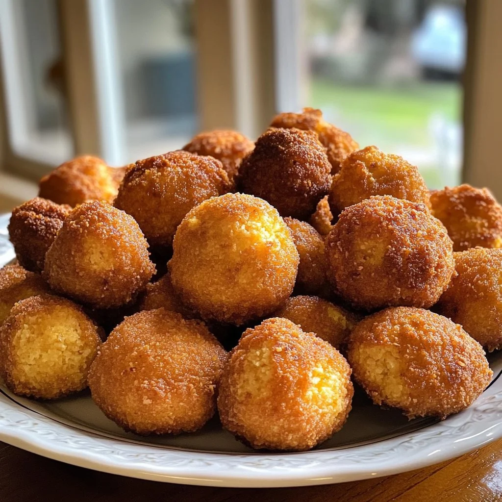 A plate of homemade hush puppies fresh out of the fryer, golden brown and crispy.