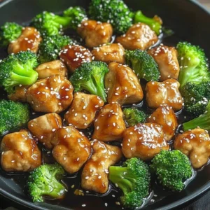 Honey sesame chicken served with broccoli in a delicious sauce