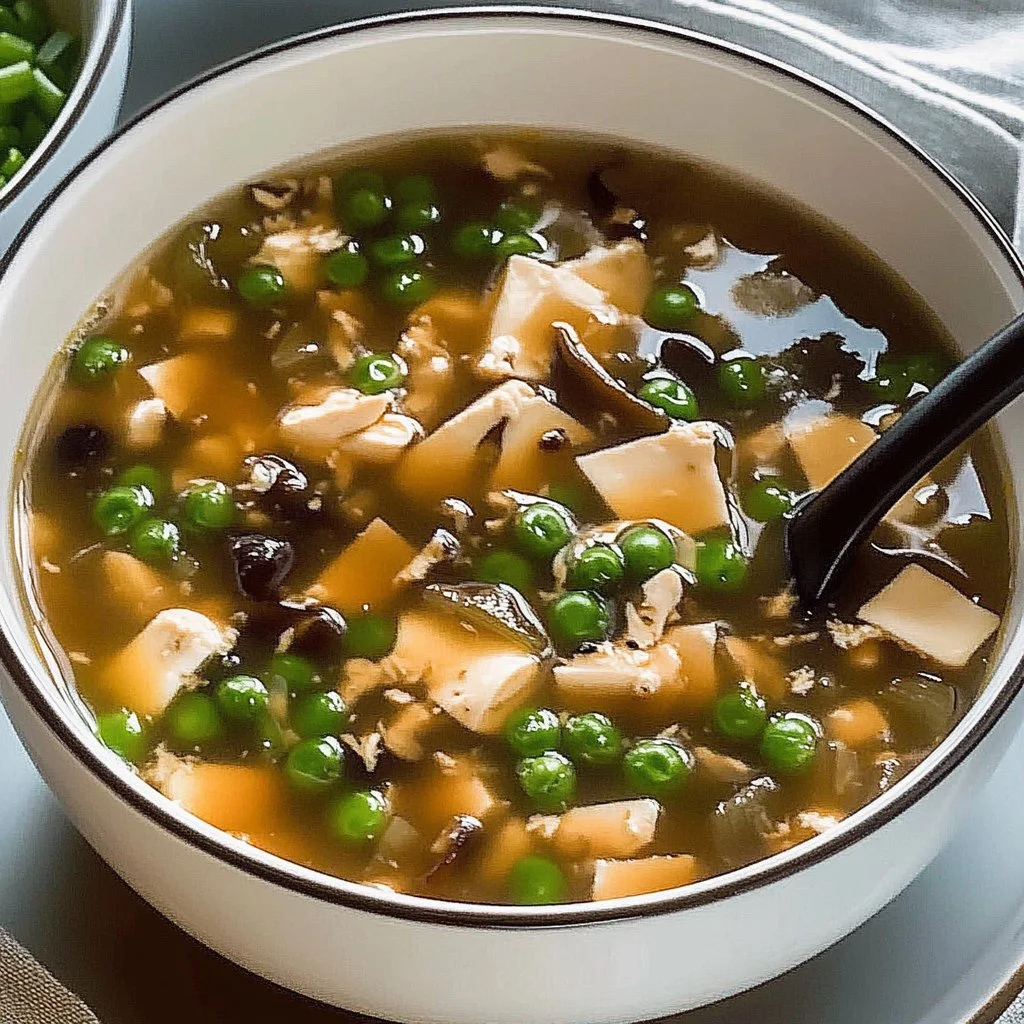 Bowl of steaming Hot and Sour Soup with mushrooms and tofu