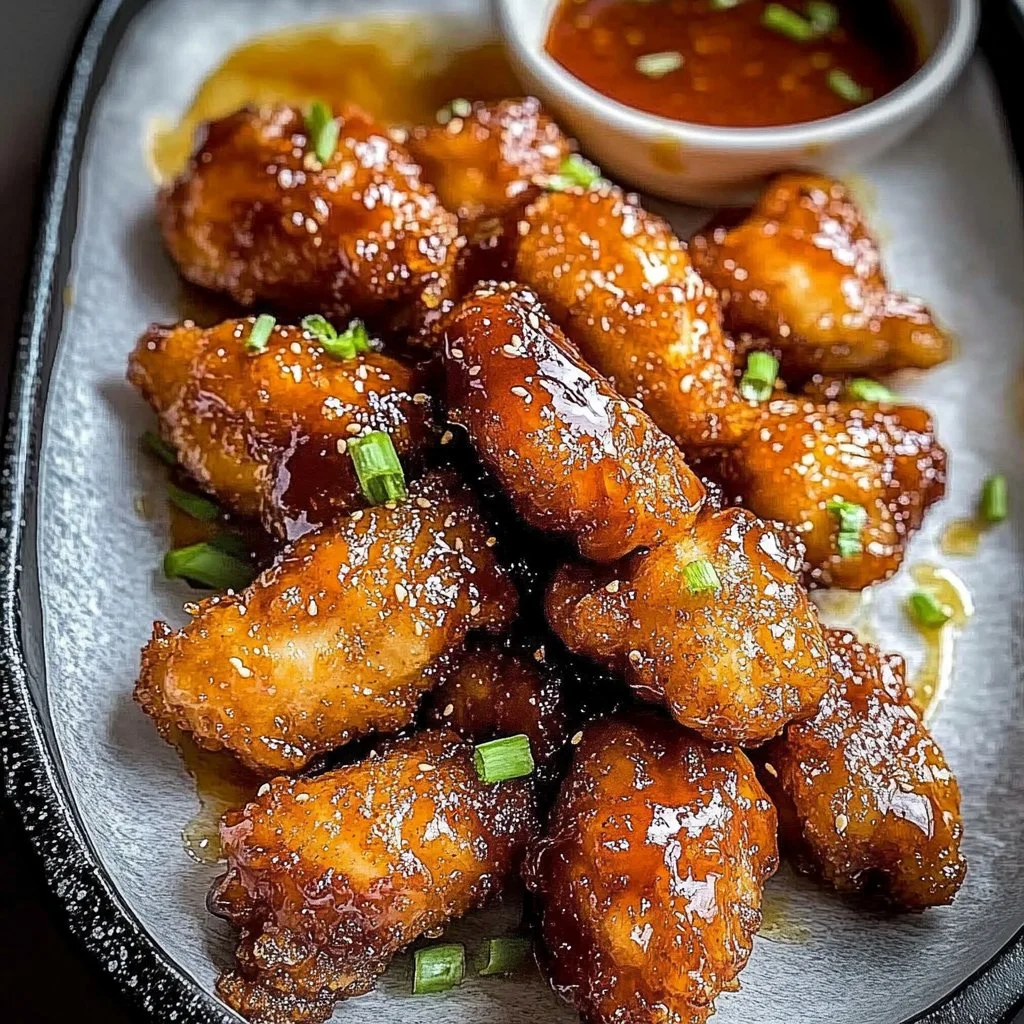 Delicious hot honey chicken garnished with herbs on a plate.