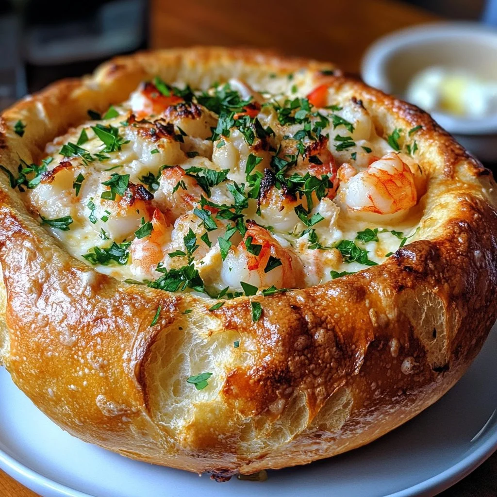 Delicious stuffed seafood bread bowl filled with shrimp, crab, and spices.