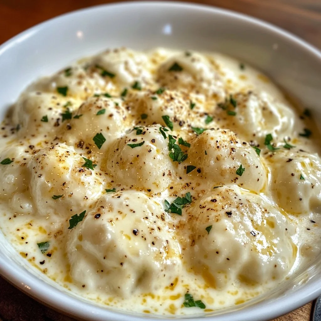 Italian ricotta dumplings served in a creamy cheese sauce