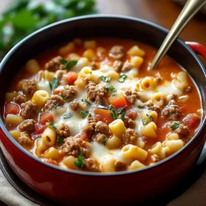 Bowl of Italian Sausage Pasta Soup with fresh herbs and pasta