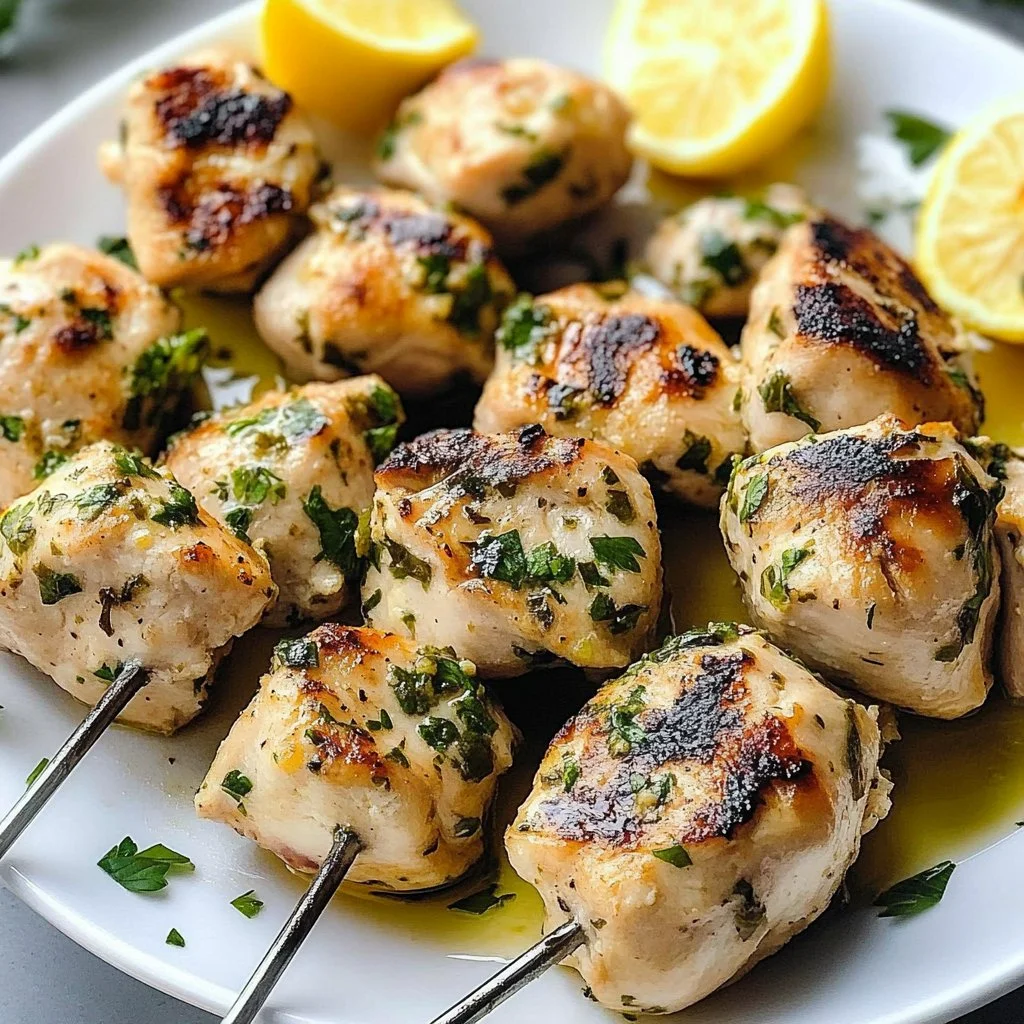Lemon herb chicken skewers on a grill with fresh herbs and lemon slices