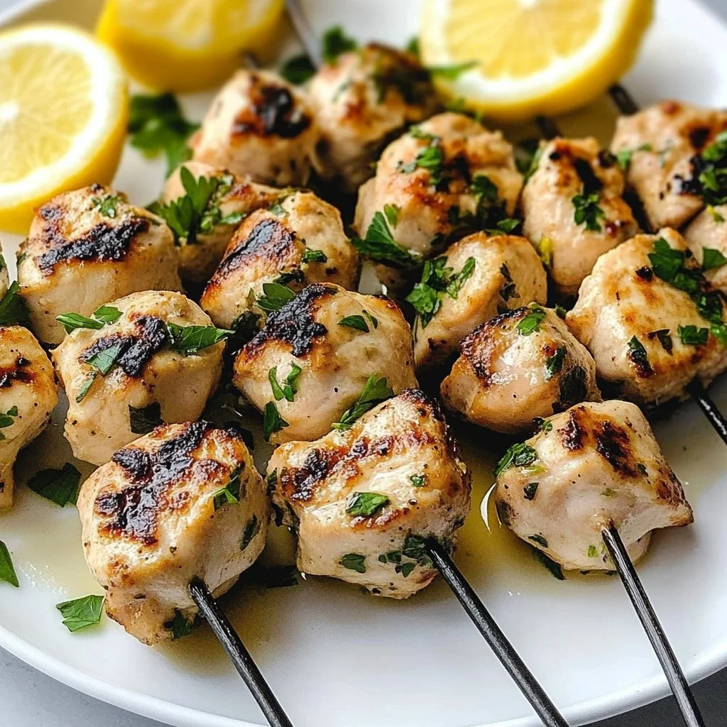 Grilled Lemon Herb Chicken Skewers garnished with herbs and lemon slices.