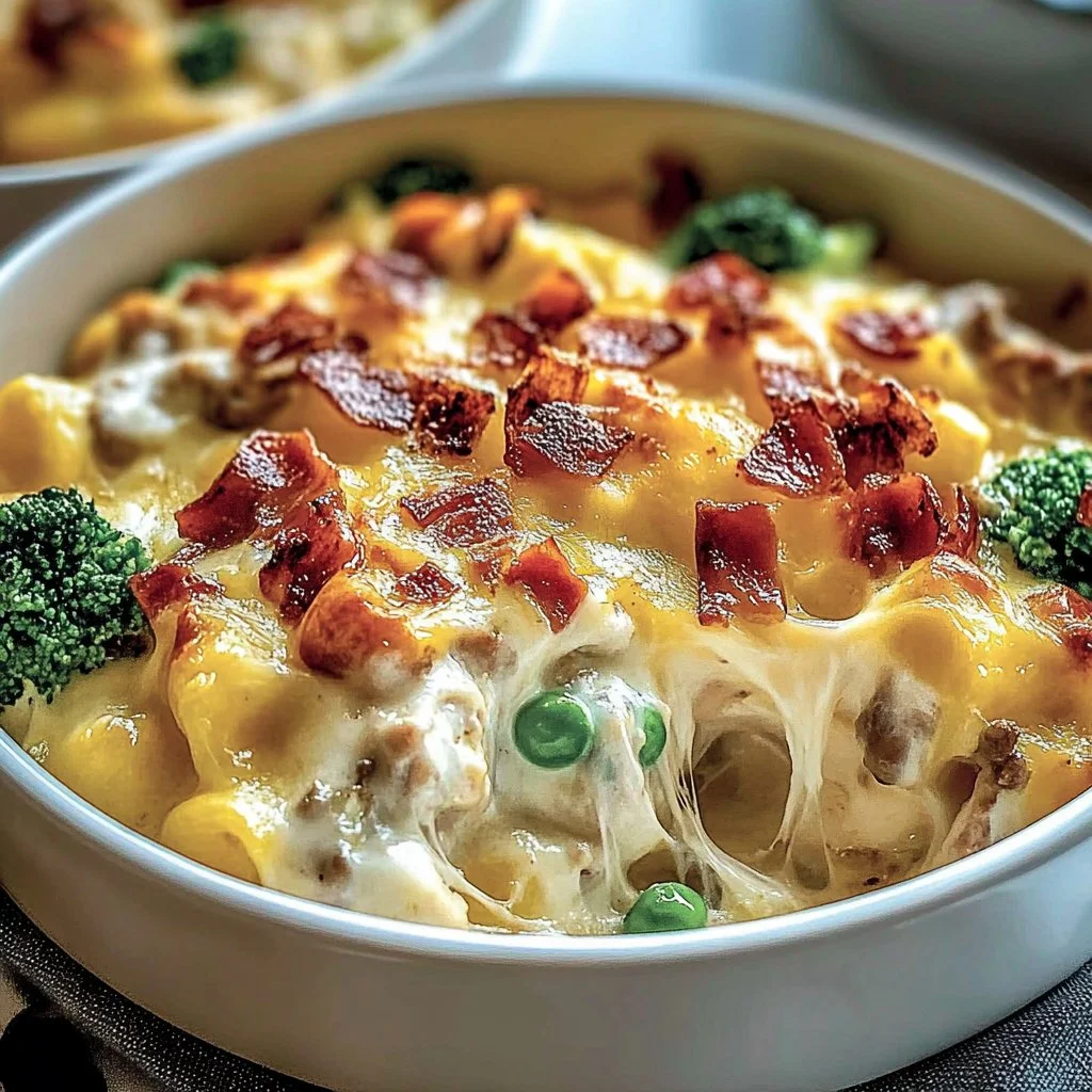 Low-Carb Chicken Casserole topped with cheese and herbs in a baking dish.