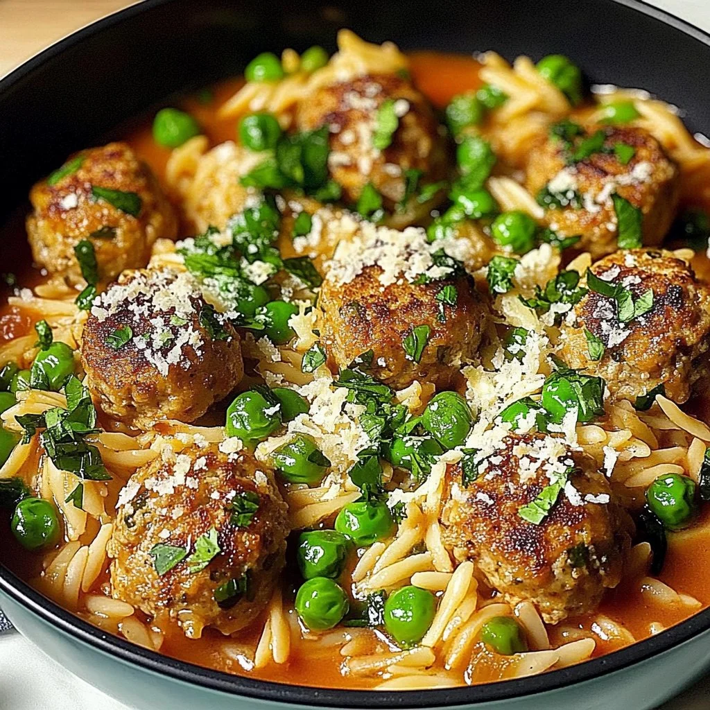 Mediterranean chicken meatballs served with orzo on a plate.