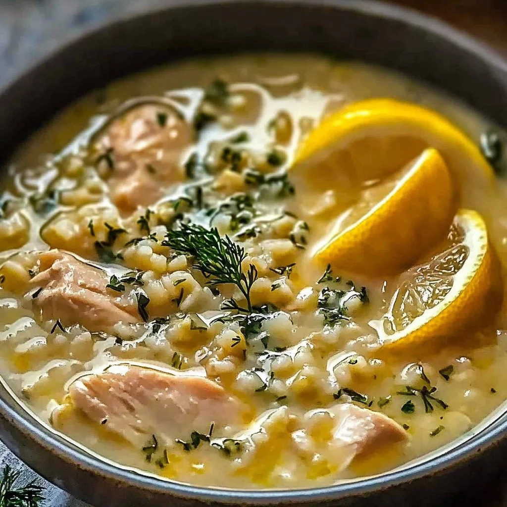 Bowl of Mediterranean Lemon Chicken Soup garnished with herbs and lemon slices