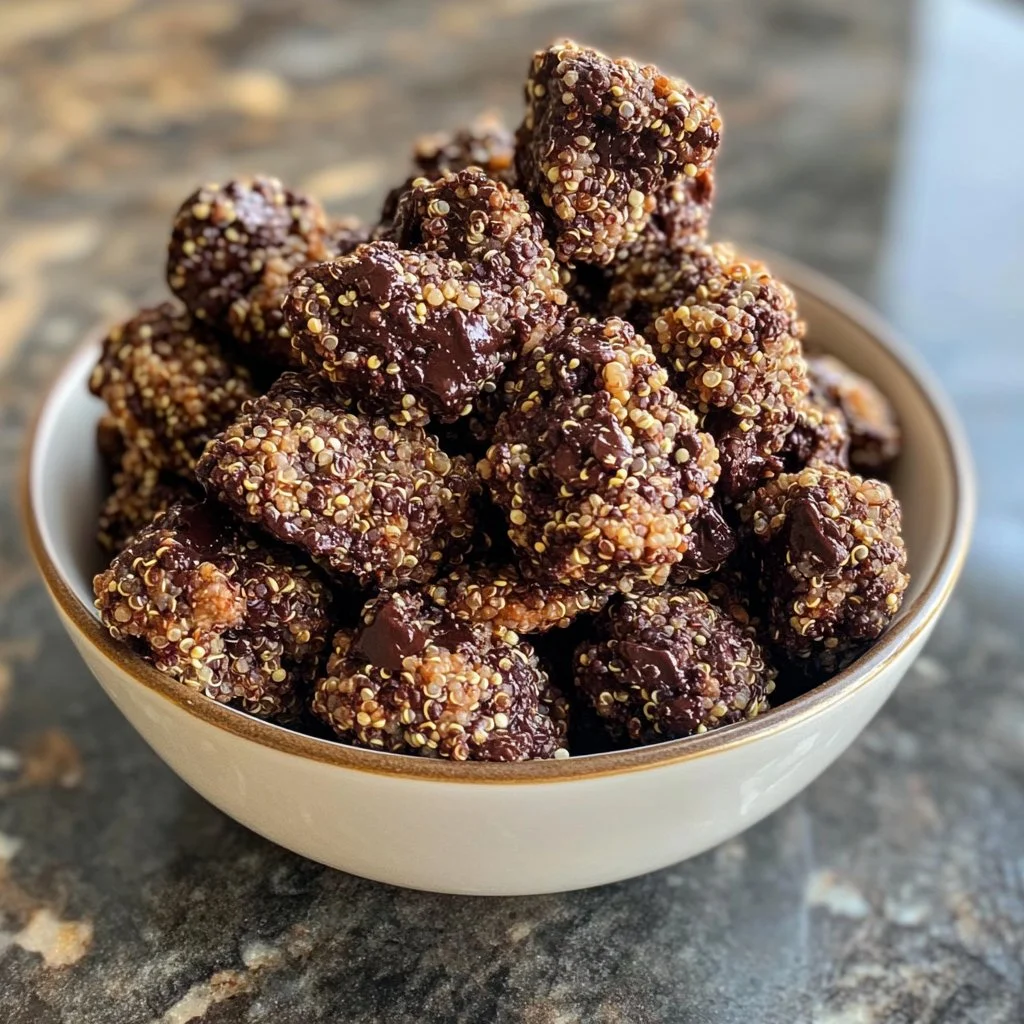 No-bake chocolate quinoa crunch clusters on a plate, featuring rich chocolate and crispy quinoa.