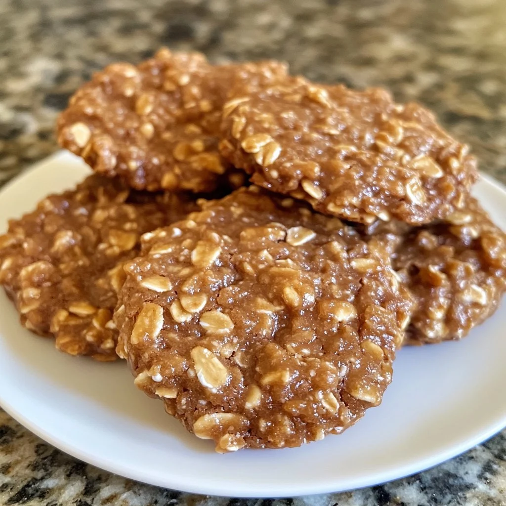 Delicious no bake cookies arranged on a plate with chocolate drizzle.