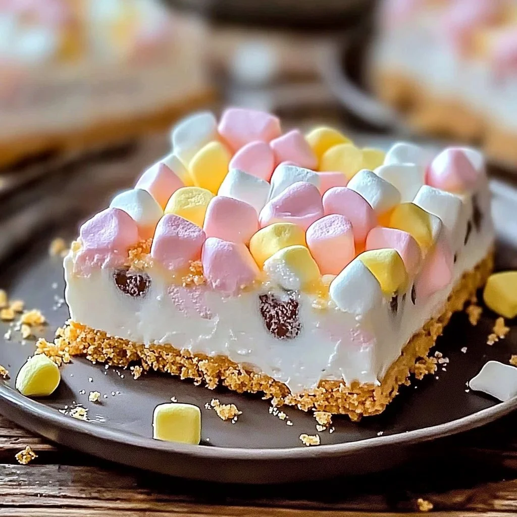 No-bake marshmallow slice dessert on a plate