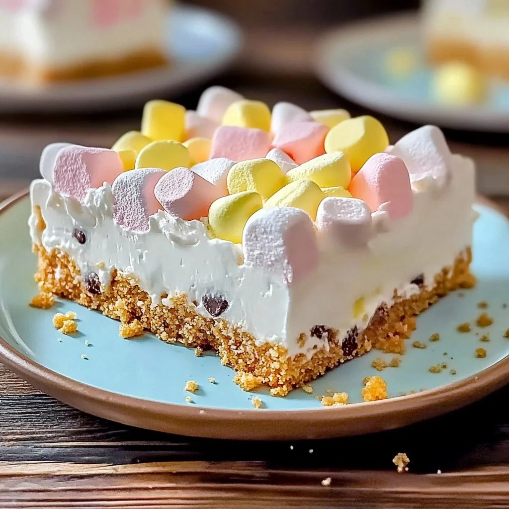 No-bake marshmallow slice dessert with colorful marshmallows and a crunchy base