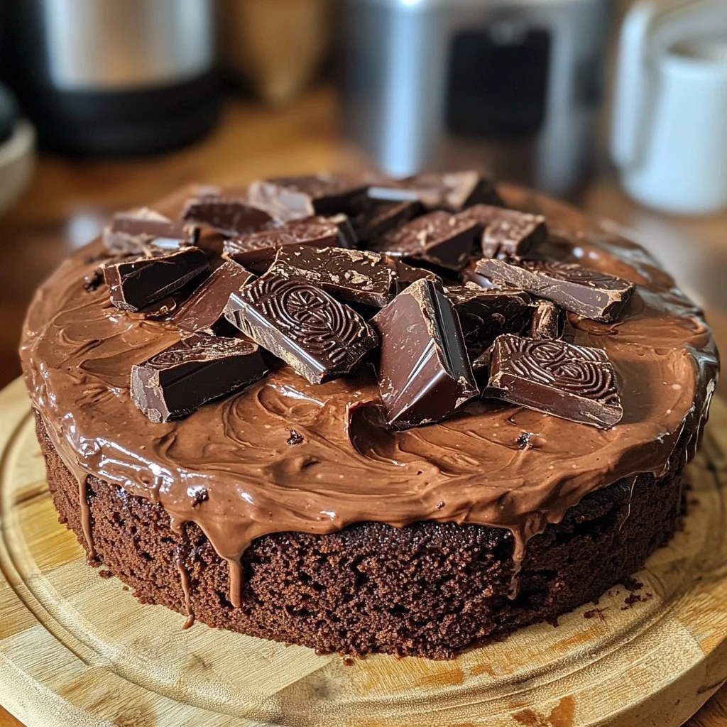 Delicious no-oven chocolate cake topped with creamy frosting.