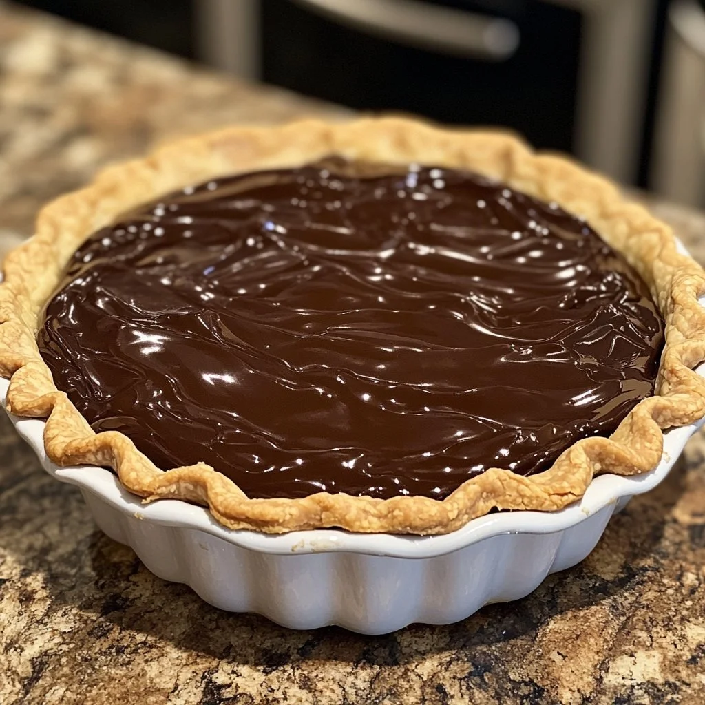Slice of old-fashioned chocolate pie topped with whipped cream