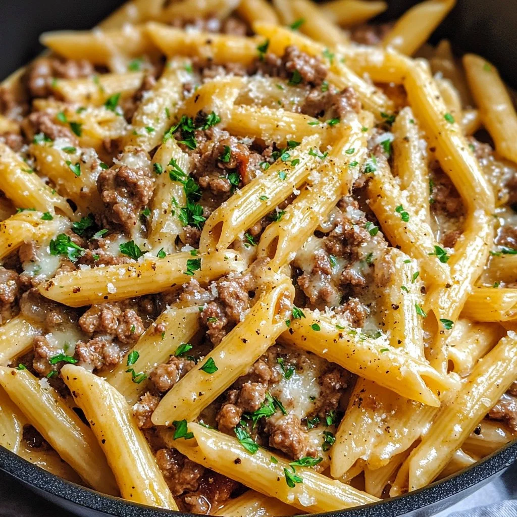 Delicious one-pot creamy beef and garlic butter pasta in a serving bowl.