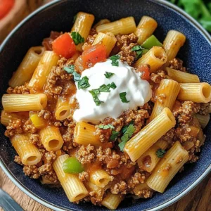 Delicious one pot taco pasta served in a bowl with toppings.