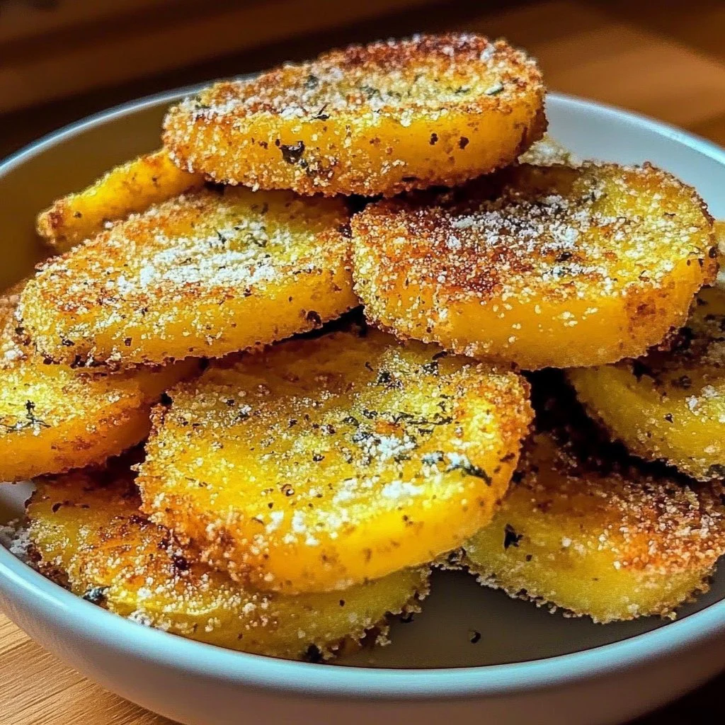 Plate of oven-fried squash garnished with herbs and spices