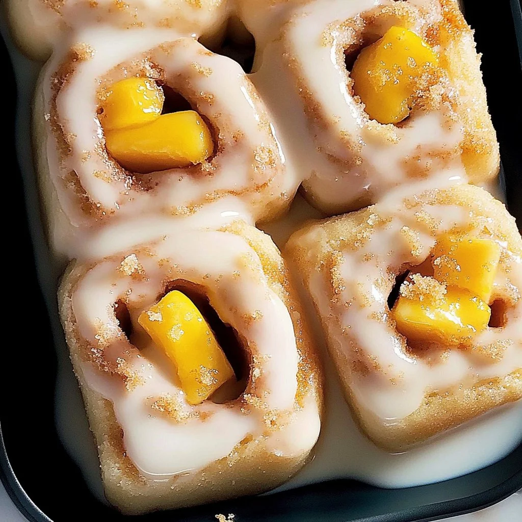 Delicious peach cobbler cinnamon rolls topped with peach slices and cinnamon sugar
