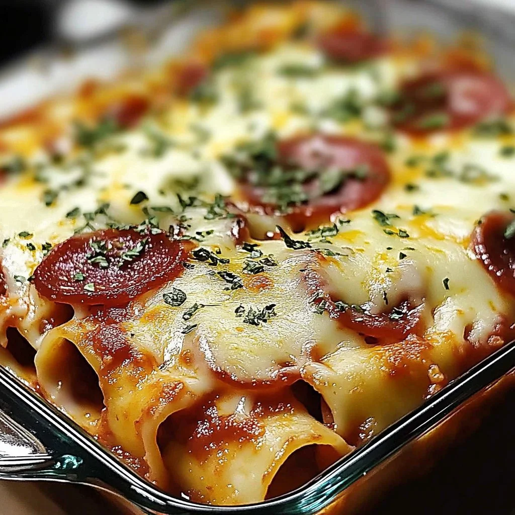 Delicious pepperoni pizza lasagna roll ups served on a plate with melted cheese