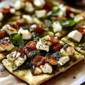 Delicious Pesto Chicken Flatbread topped with fresh ingredients.