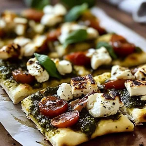 Delicious pesto chicken flatbread topped with fresh ingredients and herbs