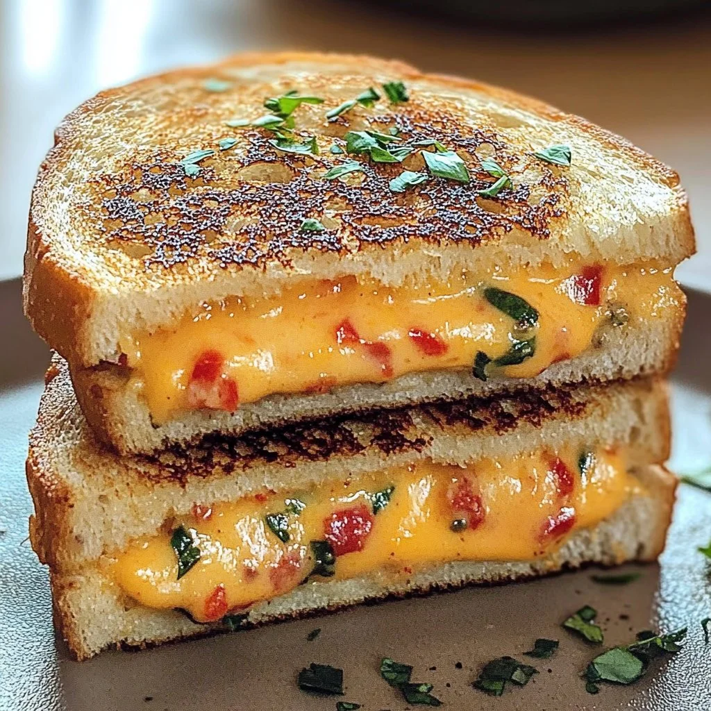 Melted pimento grilled cheese sandwich with crispy golden crust