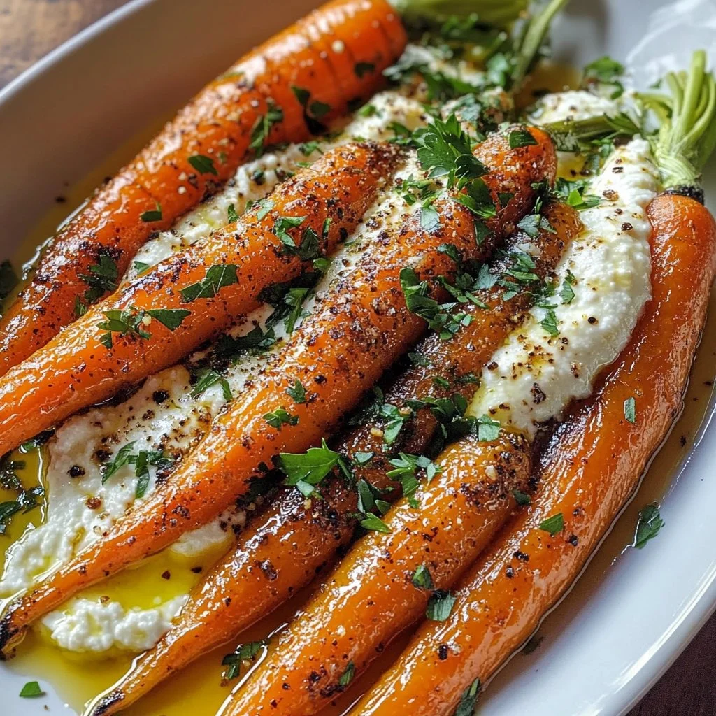Plate of roasted carrots with whipped ricotta and drizzled hot honey