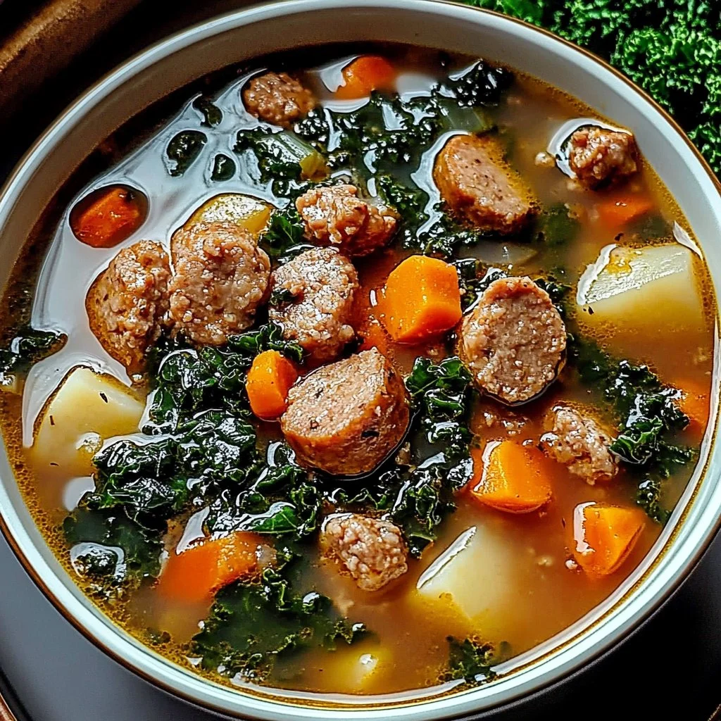 A comforting bowl of Sausage Kale Soup garnished with fresh herbs.