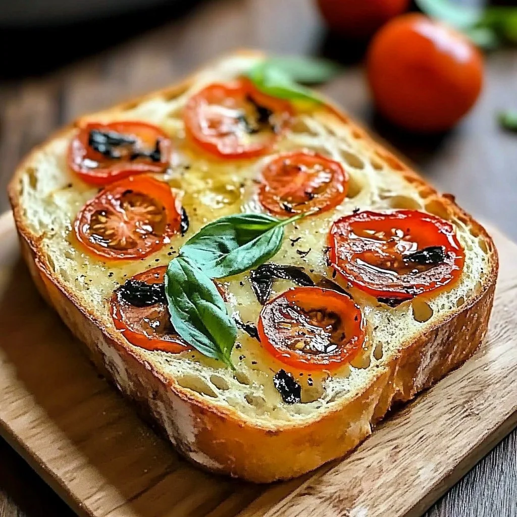Sliced Savory Caprese Bread with tomatoes, mozzarella, and basil on a wooden board