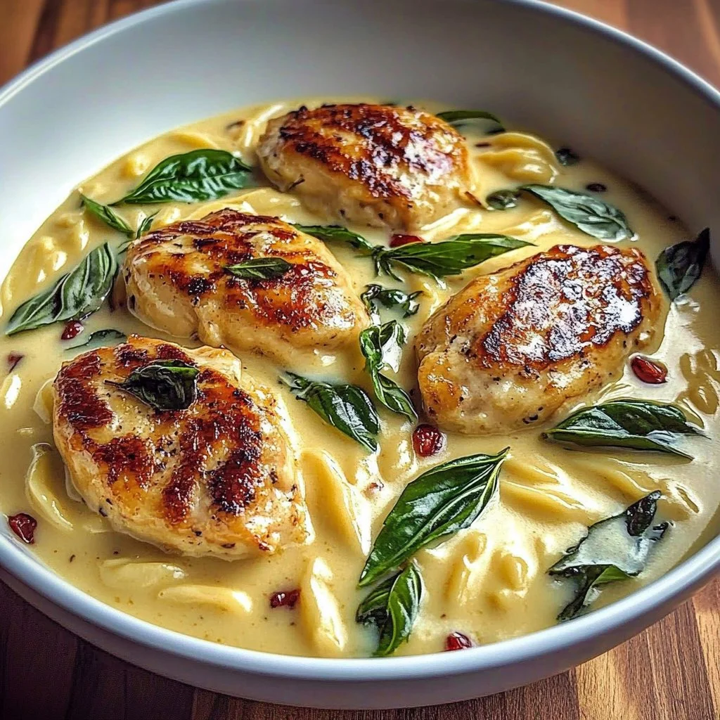 Slow Cooker Creamy Tuscan Chicken Orzo with herbs and creamy sauce