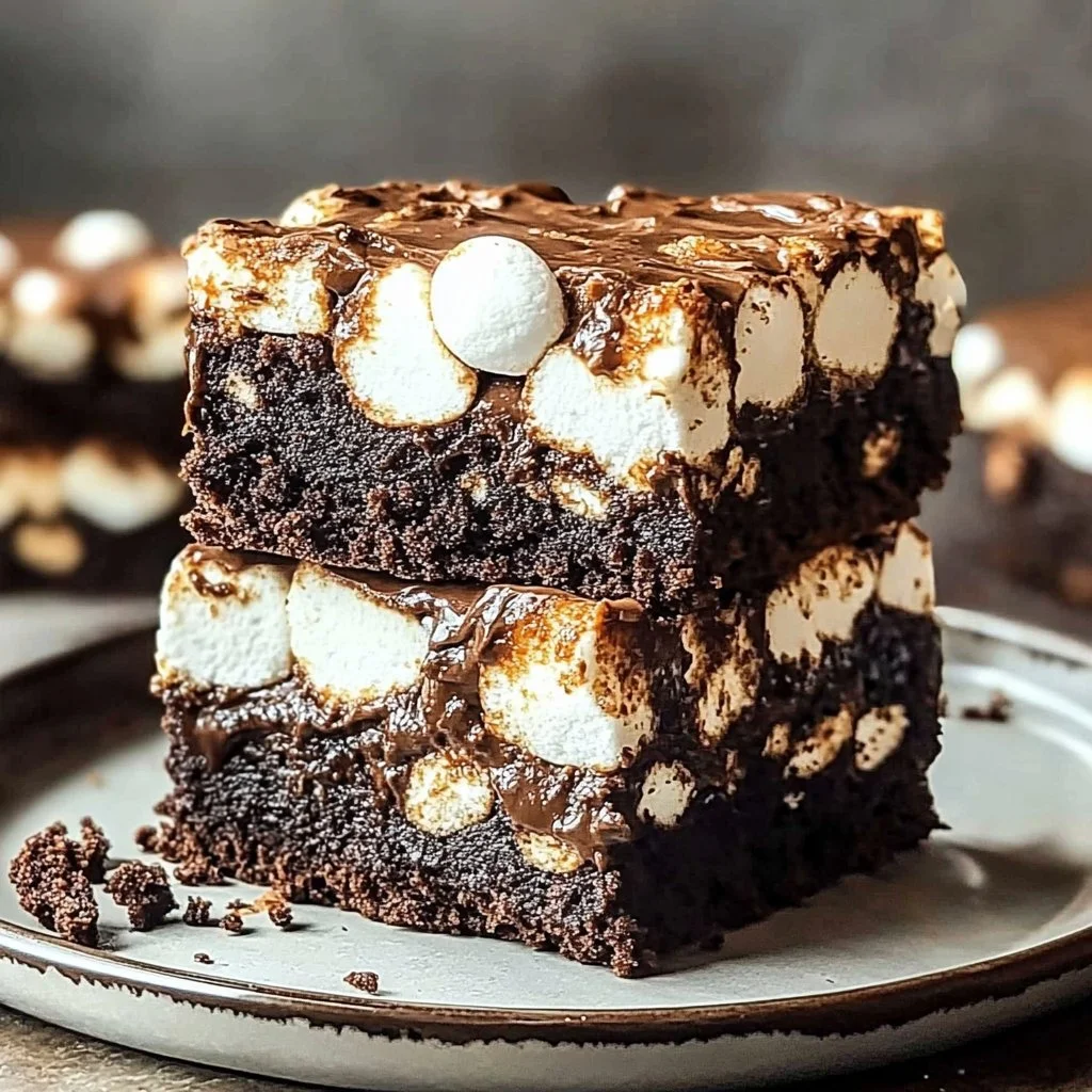 Delicious S'mores Brownies topped with marshmallows and graham crackers