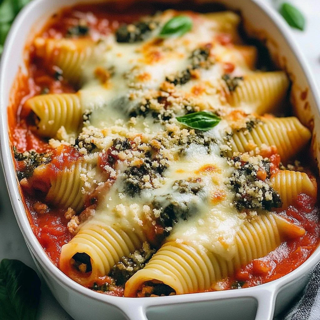 Delicious spinach and ricotta stuffed shells served in a creamy sauce