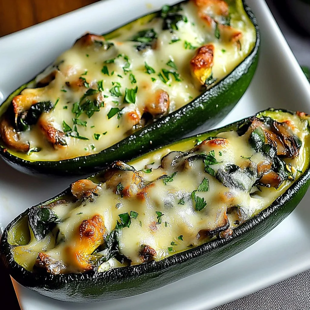 Spinach, mushroom, and ricotta stuffed zucchini boats ready to serve.