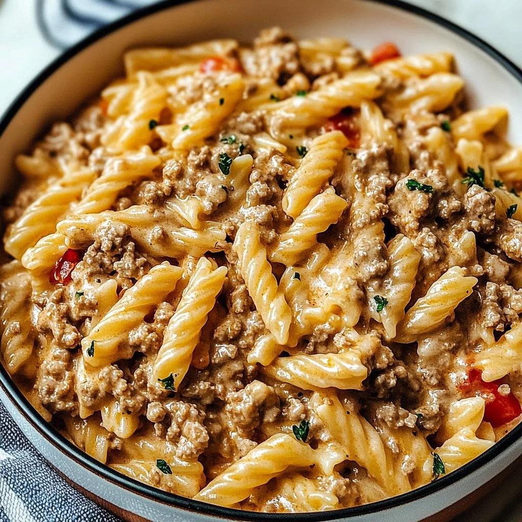 Delicious stovetop creamy ground beef pasta dish served in a bowl.