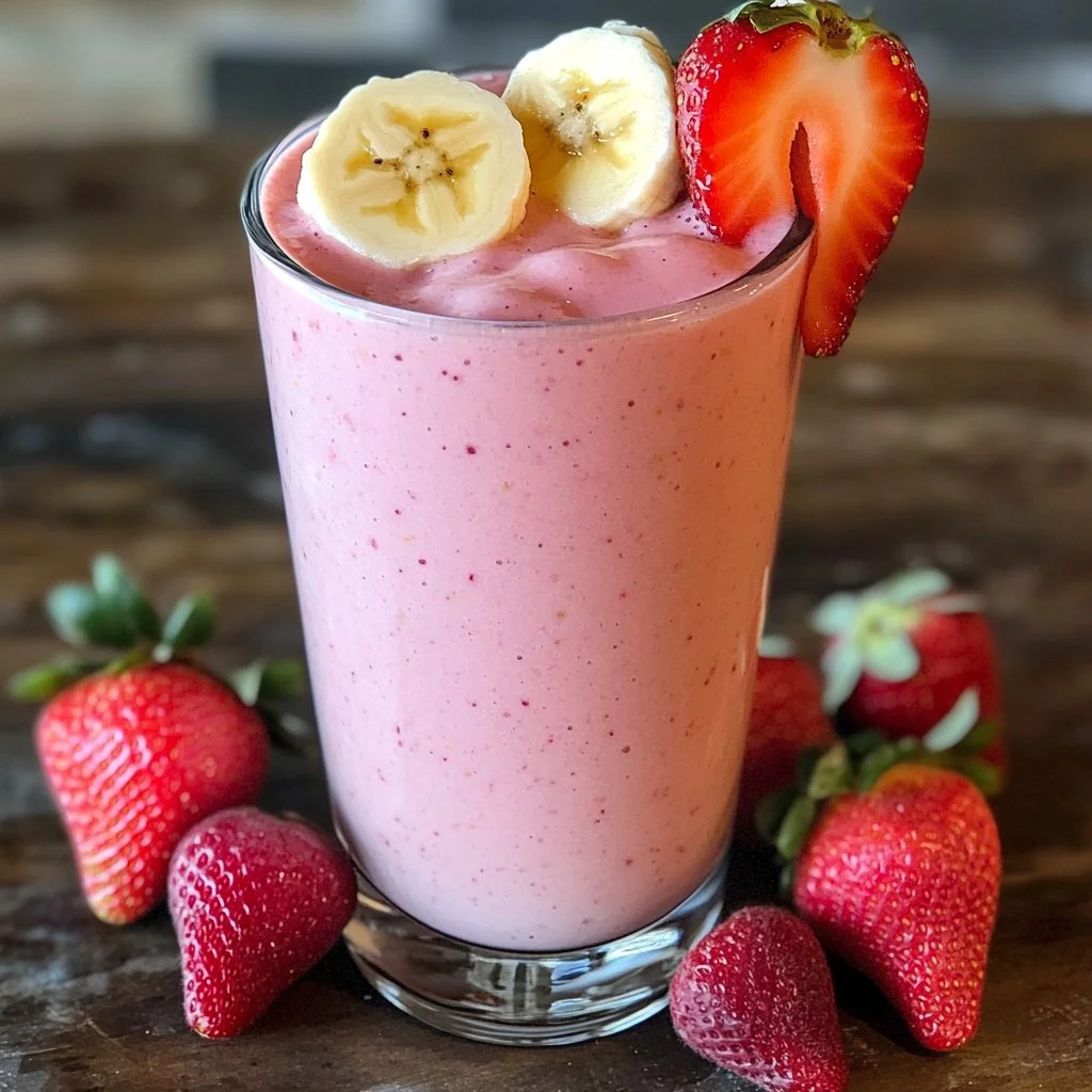 Delicious homemade strawberry banana smoothie in a glass with fresh fruits