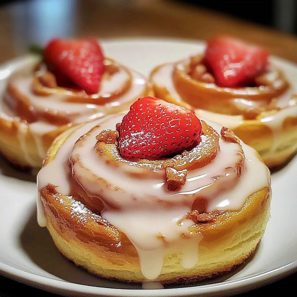 Strawberry Cheesecake Cinnabon Rolls topped with fresh strawberries and cream cheese icing.