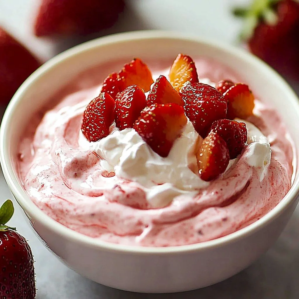 Delicious strawberry fruit dip made with Cool Whip served with fresh strawberries