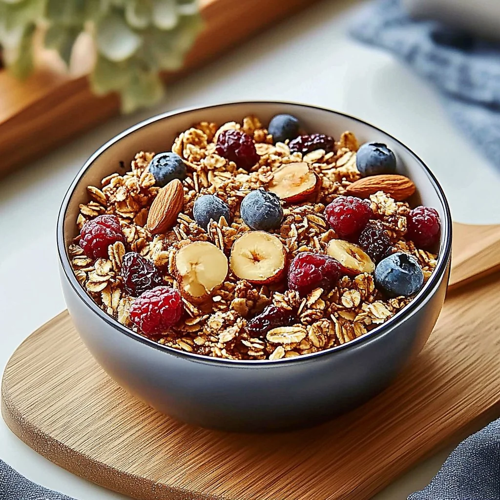 Bowl of sugar-free granola topped with fresh fruits and nuts for a healthy snack