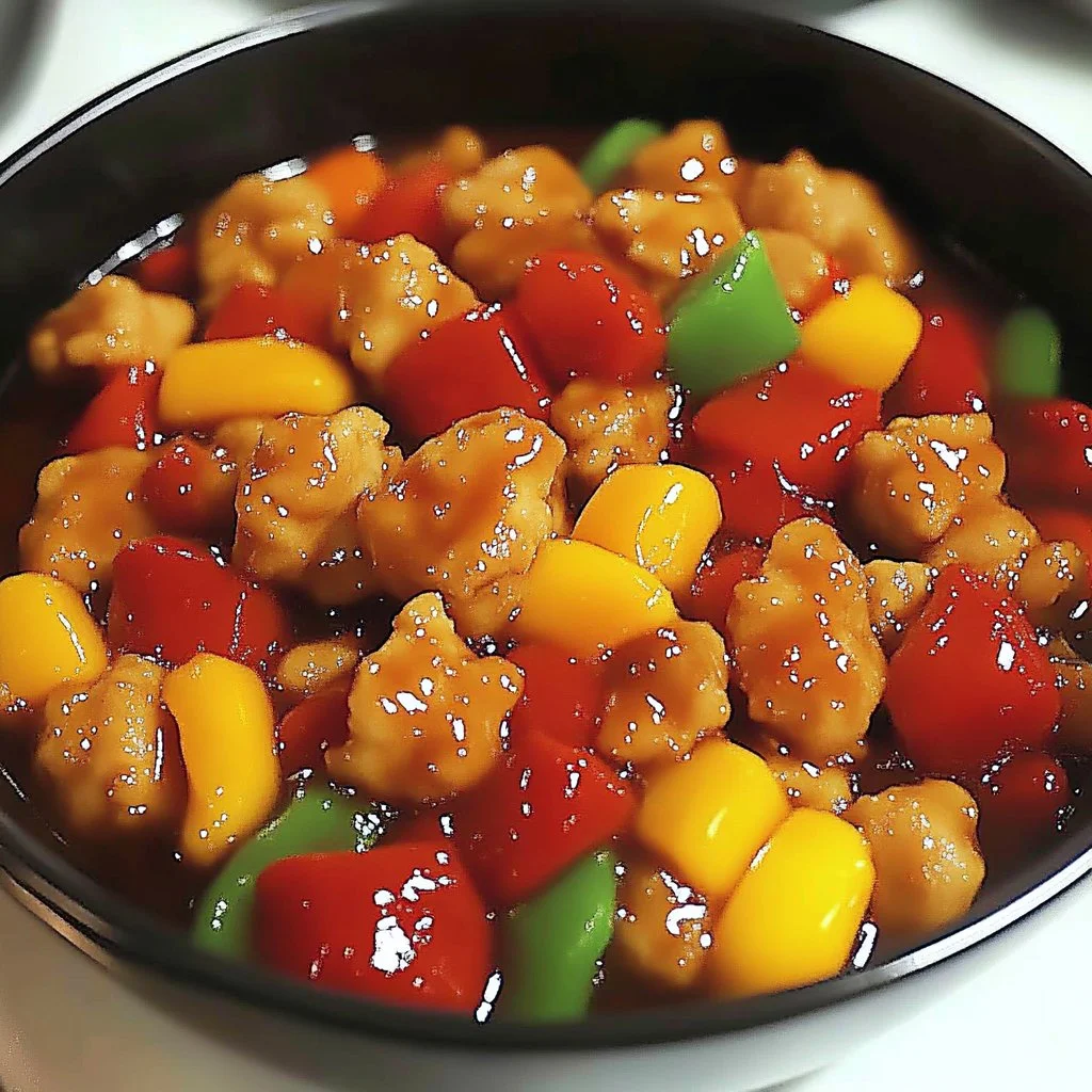 Delicious plate of Sweet and Sour Chicken with colorful vegetables