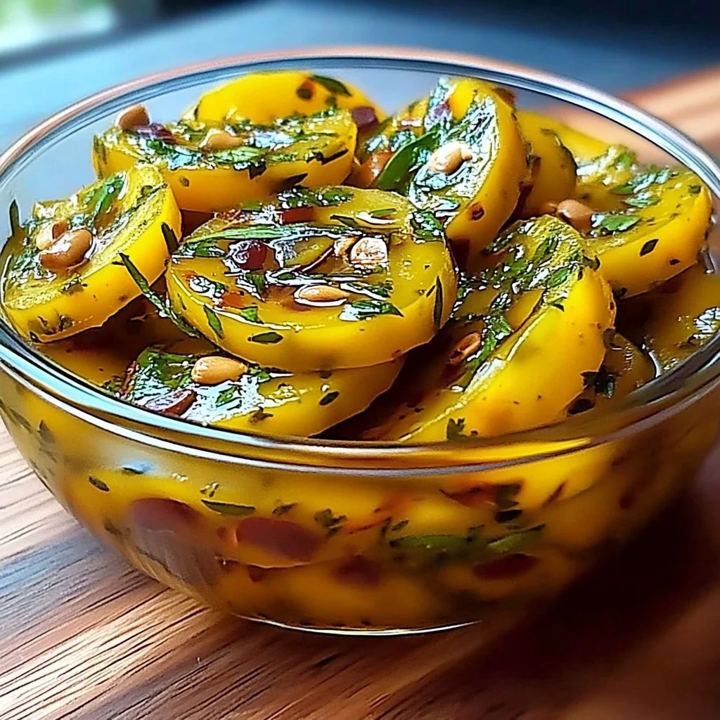 Jar of sweet and tangy yellow squash pickles on a kitchen table