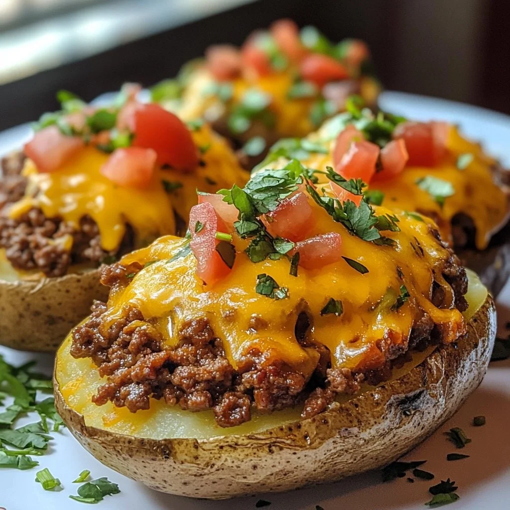 Taco Stuffed Baked Potatoes topped with cheese and diced tomatoes