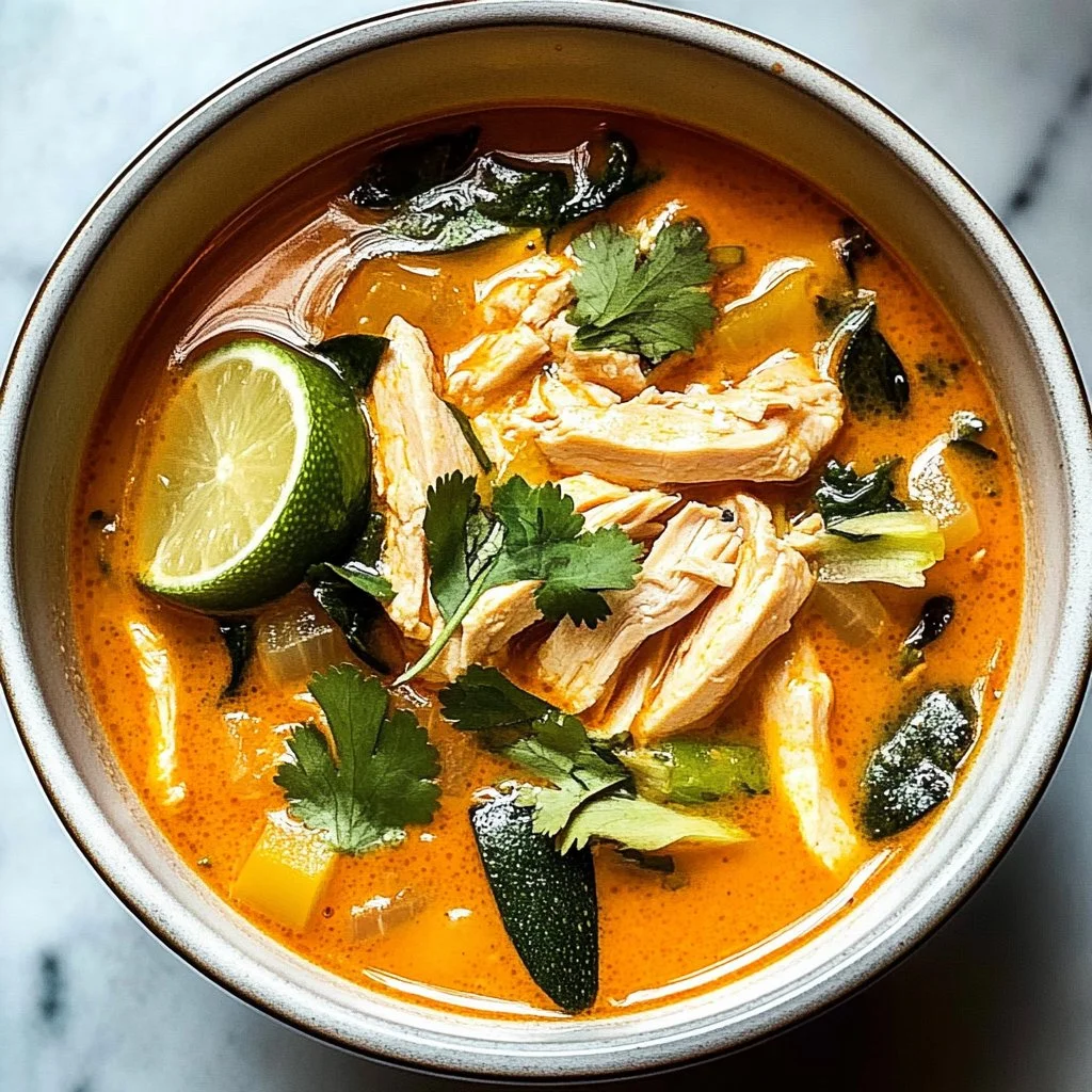 A bowl of delicious Thai Chicken Curry Soup with fresh herbs and spices