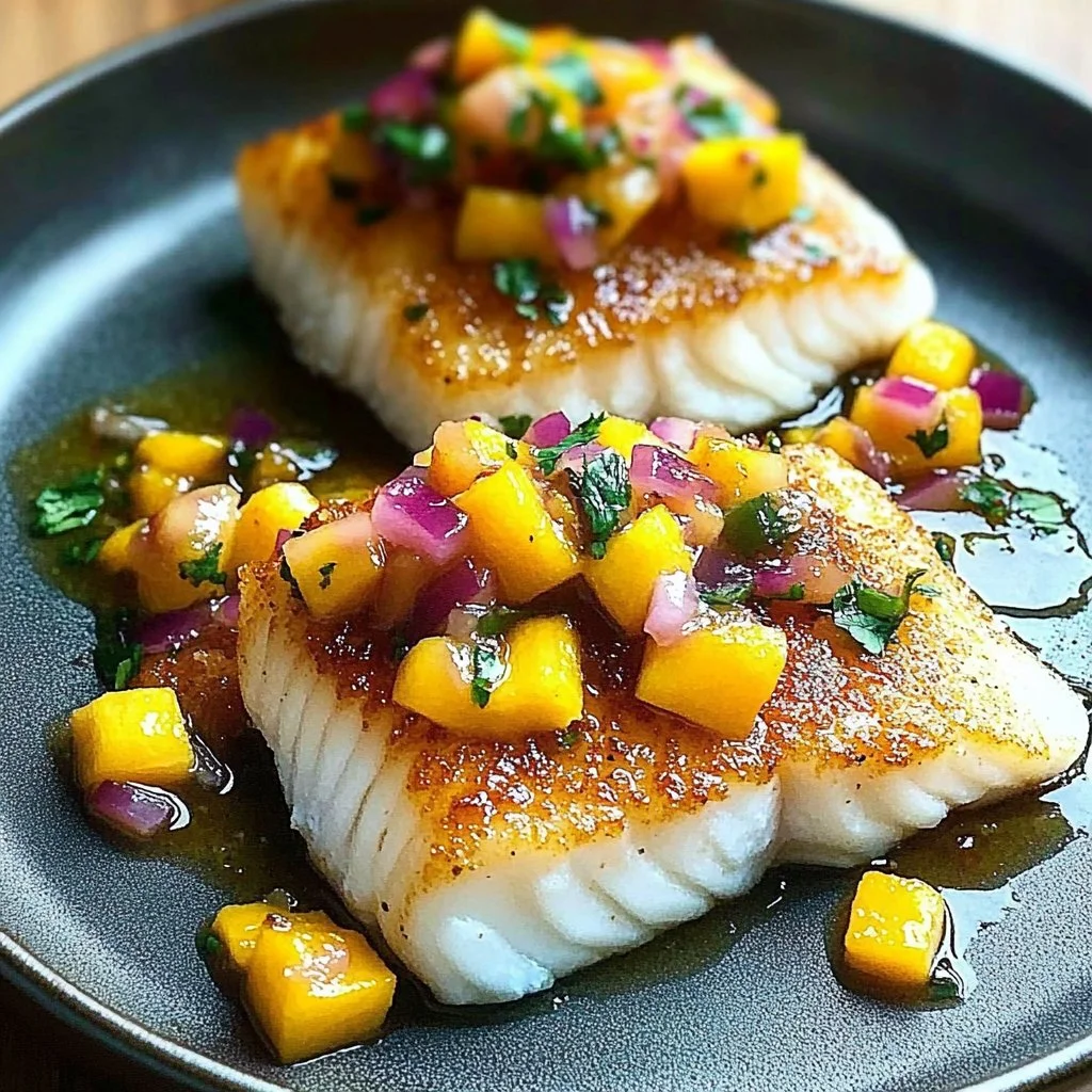 Tropical coconut crusted fish served with vibrant mango salsa on a plate.