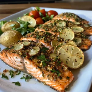 Herb-crusted salmon with crispy potatoes and garden salad on a plate